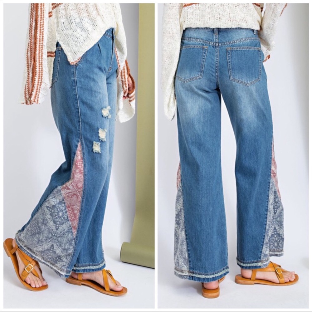 Patchwork Boho Flare Wide Leg Light Washed Denim Jeans